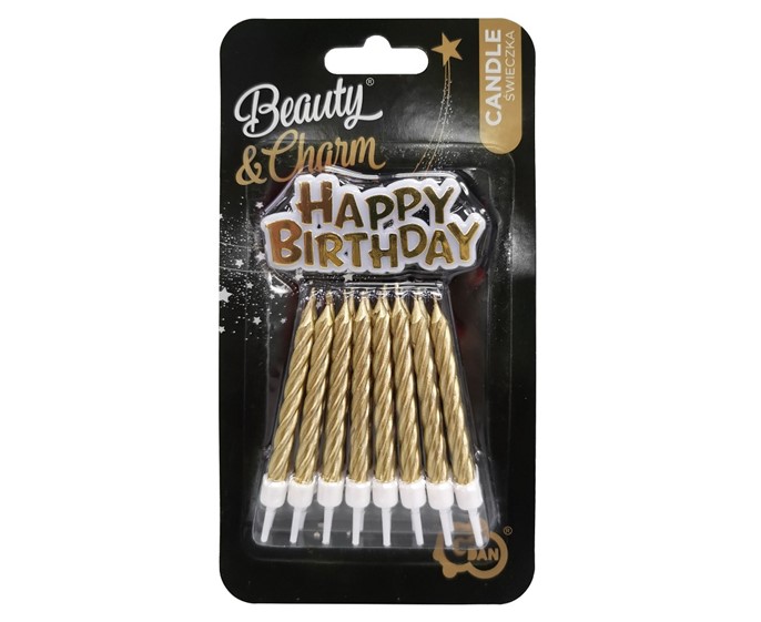 Świeczki urodzinowe świderki złote perłowe 16szt. + napis HAPPY BIRTHDAY