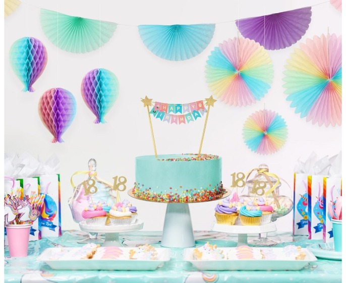 Topper papierowy Happy Birthday Kolorowy ze złotymi gwiazdkami