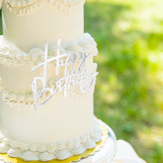 Topper akrylowy na bok tortu HAPPY BIRTHDAY srebrny