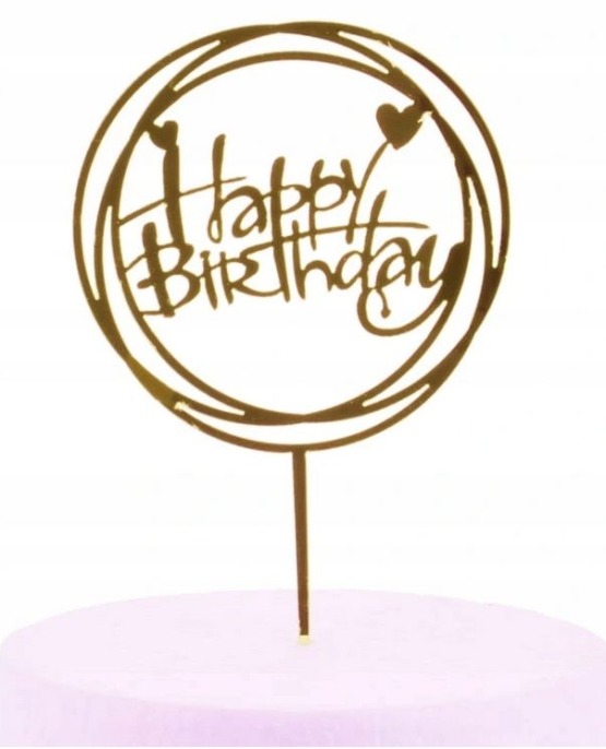 Topper plastikowy na piku na tort Happy Birthday złote koło