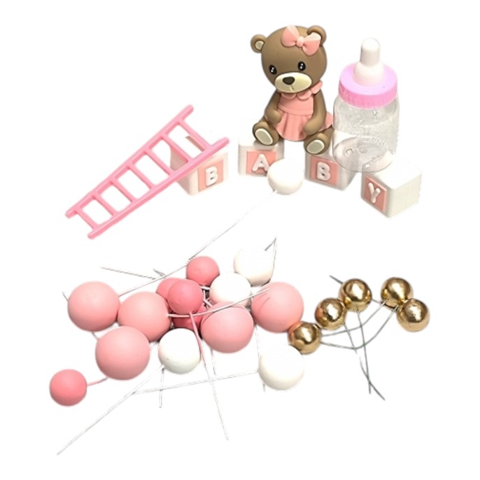 Zestaw ozdób z tworzywa na tort Miś Baby Różowy