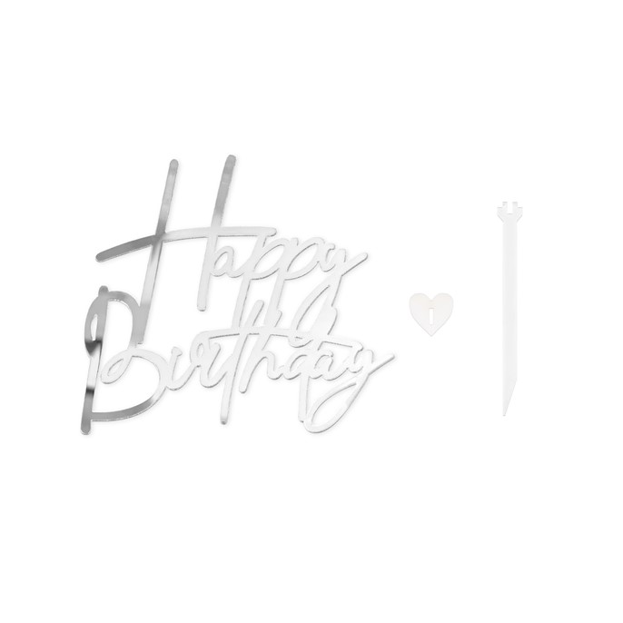 Topper akrylowy na bok tortu HAPPY BIRTHDAY srebrny