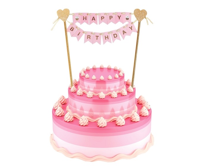 Topper papierowy na tort Happy Birthday Różowy ze złotymi serduszkami