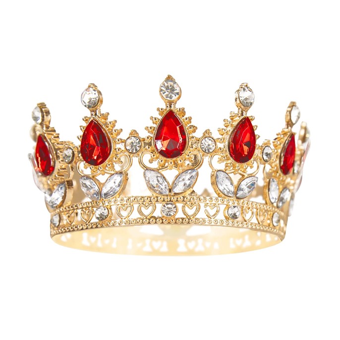 Dekoracja na tort KORONA ZŁOTA z czerwonymi i srebrnymi kryształkami 10cm