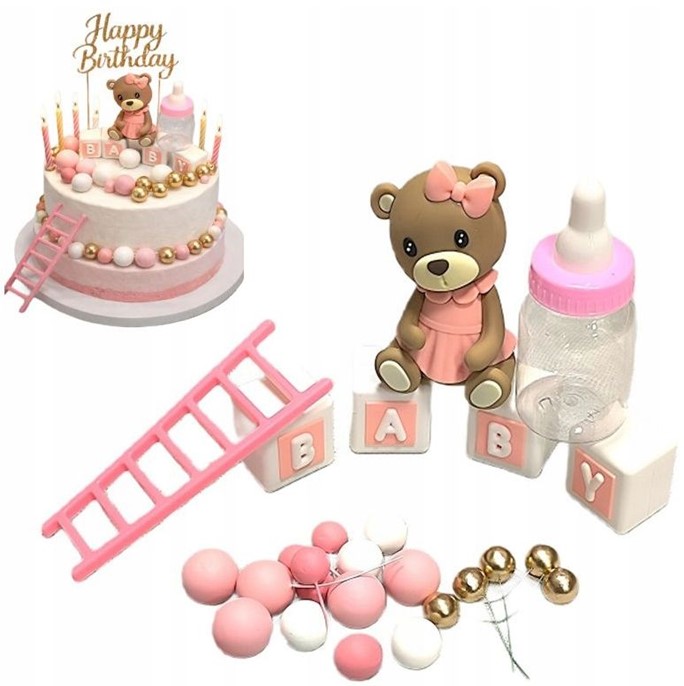 Zestaw ozdób z tworzywa na tort Miś Baby Różowy