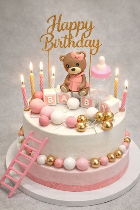 Zestaw ozdób z tworzywa na tort Miś Baby Różowy