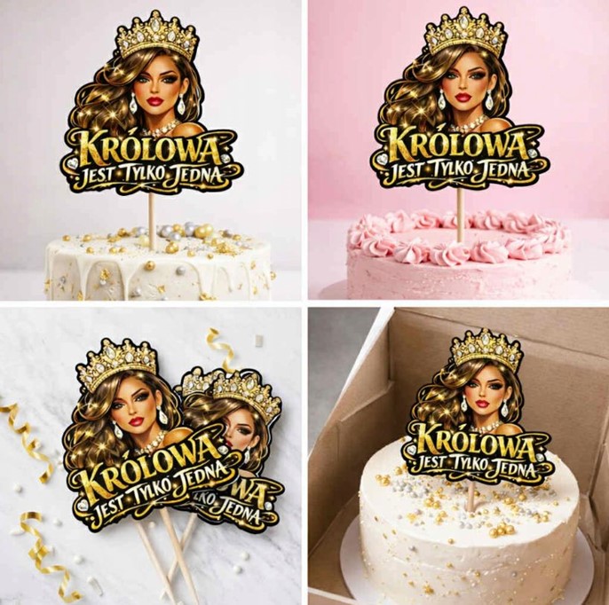 Topper papierowy KOBIETA W KORONIE + napis KRÓLOWA JEST TYLKO JEDNA