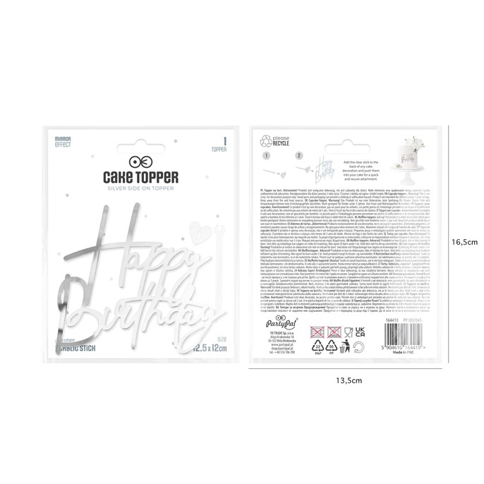 Topper akrylowy na bok tortu HAPPY BIRTHDAY srebrny