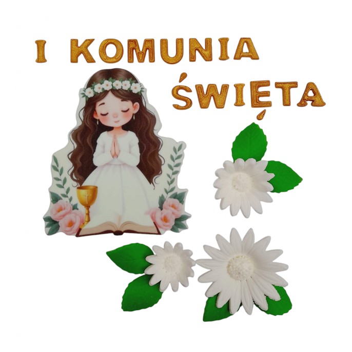Zestaw cukrowy na komunie dla dziewczynki z napisem I KOMUNIA ŚWIĘTA
