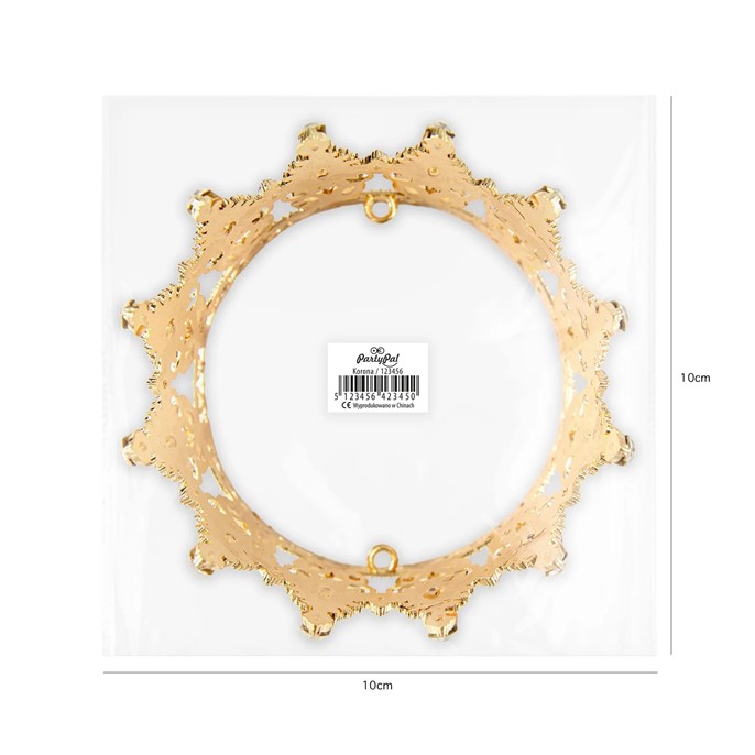 Dekoracja na tort KORONA ZŁOTA z czerwonymi i srebrnymi kryształkami 10cm