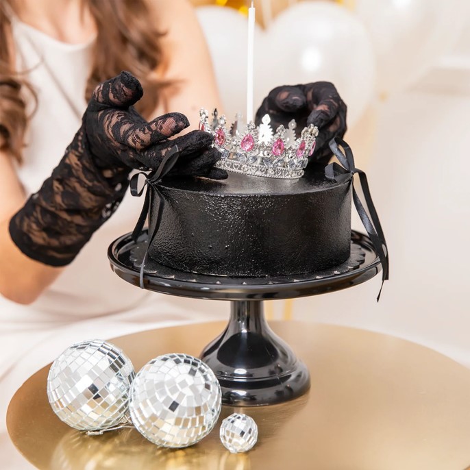 Dekoracja na tort KORONA SREBRNA z różowymi i srebrnymi kryształkami 10cm