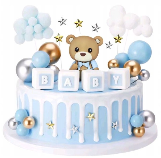 Zestaw ozdób z tworzywa na tort Miś Baby Niebieski