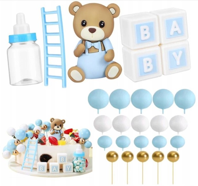 Zestaw ozdób z tworzywa na tort Miś Baby Niebieski