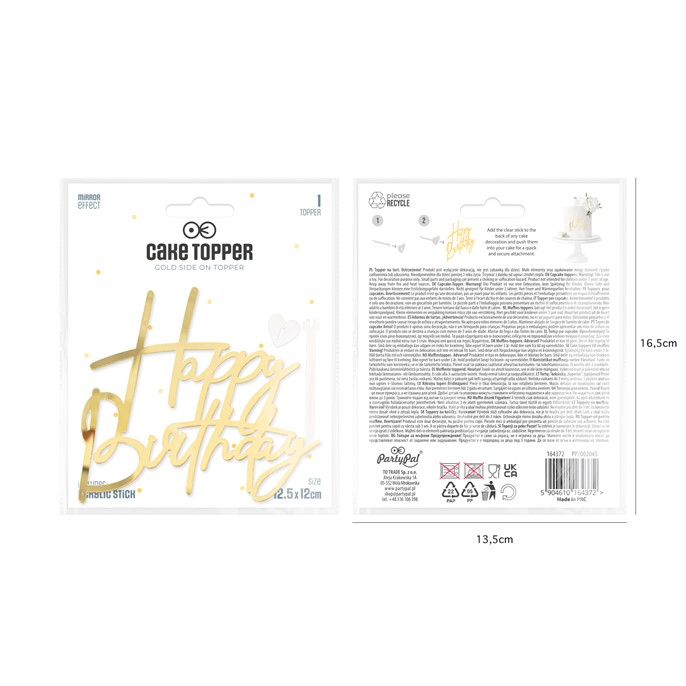 Topper akrylowy na bok tortu HAPPY BIRTHDAY złoty