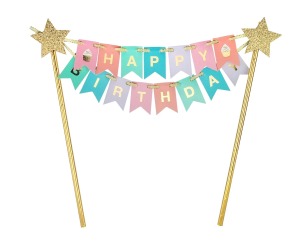 Topper papierowy Happy Birthday Kolorowy ze złotymi gwiazdkami