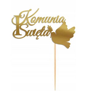Topper papierowy złoty I KOMUNIA ŚWIĘTA z gołąbkiem