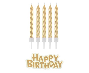 Świeczki urodzinowe świderki złoty perłowe 16szt. + napis HAPPY BIRTHDAY