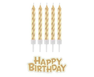 Świeczki urodzinowe świderki złote perłowe 16szt. + napis HAPPY BIRTHDAY