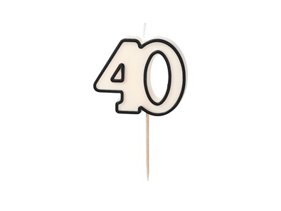 Świeczka cyferka "40" na piku BIAŁA z czarną obwódką