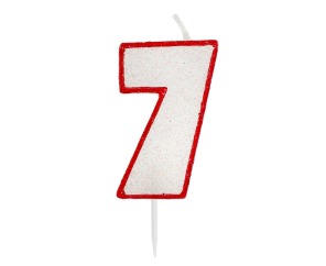 Świeczka cyferka brokatowa na piku 7 - czerwona