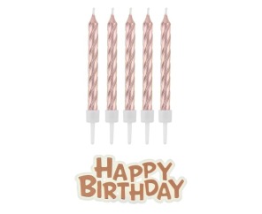 Świeczki urodzinowe pikery różowe perłowe 16szt. + napis HAPPY BIRTHDAY