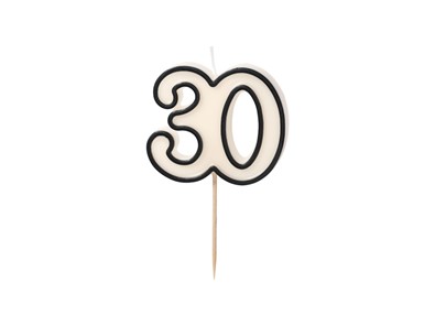 Świeczka cyferka "30" na piku BIAŁA z czarną obwódką