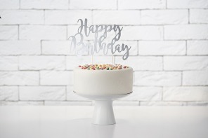 Topper srebrny papierowy HAPPY BIRTHDAY