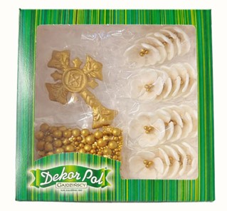 Zestaw komunijny Złoty krzyż, złote perełki i białe kwiatki