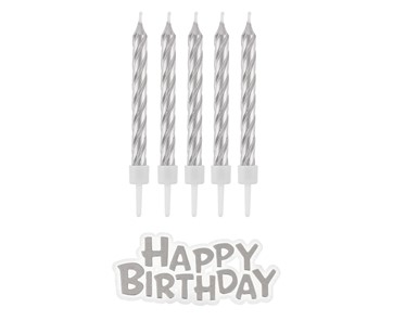 Świeczki urodzinowe pikery srebrne perłowe 16szt. + napis HAPPY BIRTHDAY