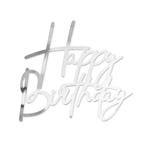 Topper akrylowy na bok tortu HAPPY BIRTHDAY srebrny