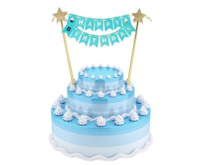 Topper papierowy na tort Happy Birthday Niebieski ze złotymi gwiazdkami
