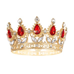 Dekoracja na tort KORONA ZŁOTA z czerwonymi i srebrnymi kryształkami 10cm