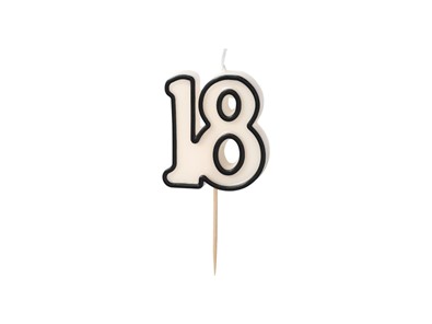 Świeczka cyferka "18" na piku BIAŁA z czarną obwódką