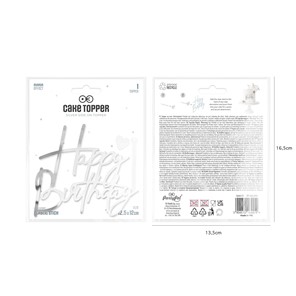 Topper akrylowy na bok tortu HAPPY BIRTHDAY srebrny