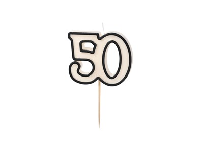 Świeczka cyferka "50" na piku BIAŁA z czarną obwódką