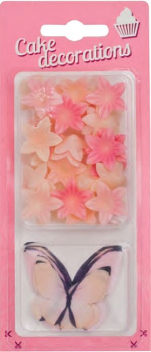 Blister - Motylki pastelowe i mini kwiatki waflowe różowe ombre 5+25szt.